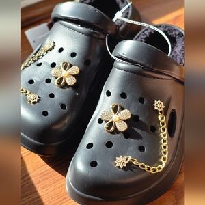 Black Fuzzy Lined Clogs with Gold Accents